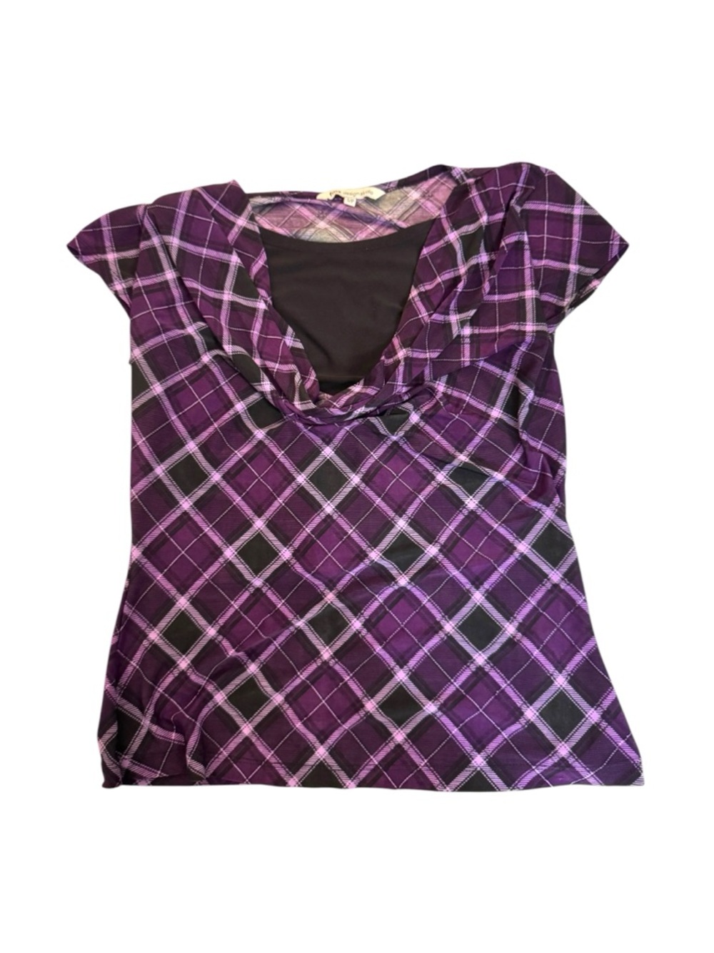 Plaid Cowl-Neck Short Sleeve Top in Purple - Picture 2 of 7